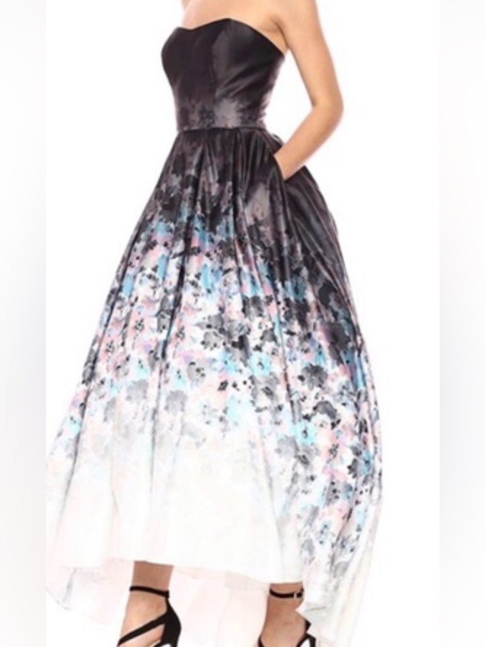 Betsy & Adam Black to Pastel Ombre Floral Strapless Gown